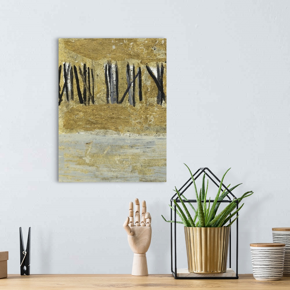 A bohemian room featuring Abstract painting using textured gold and dark bold lines in a fence formation.