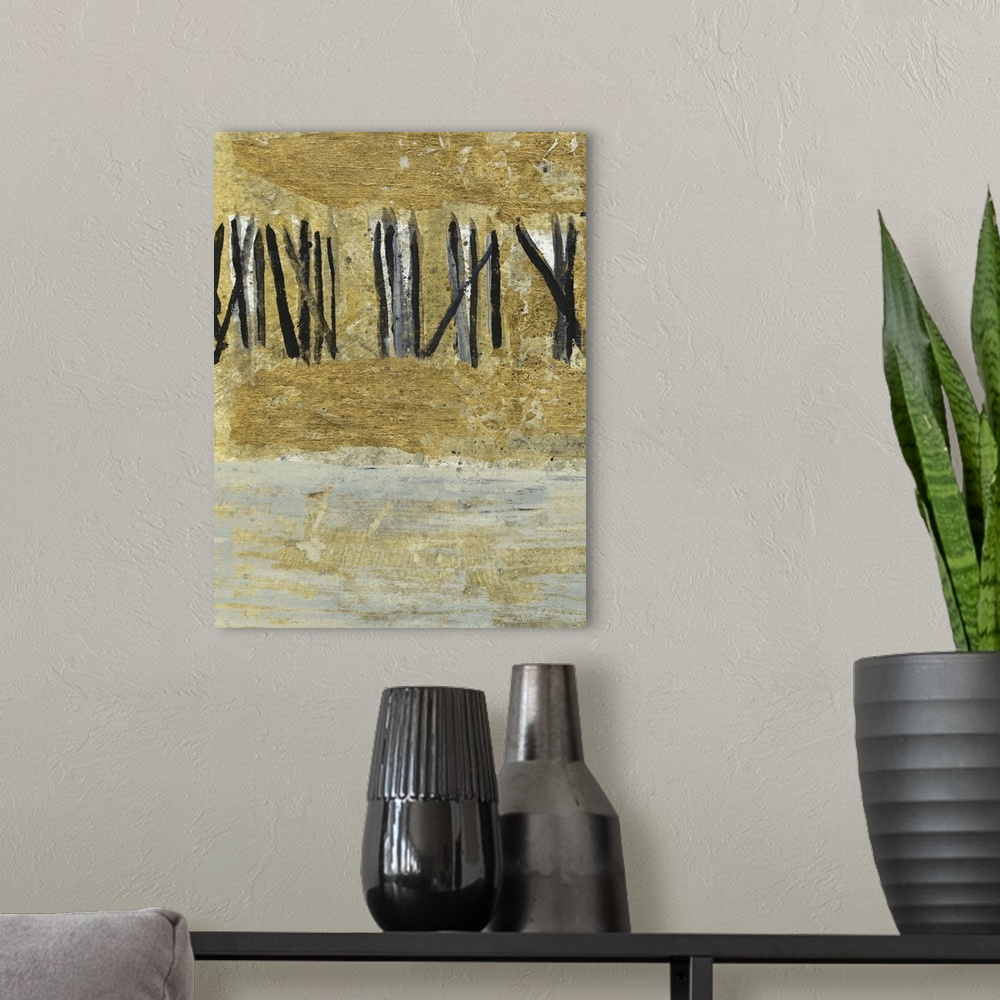A modern room featuring Abstract painting using textured gold and dark bold lines in a fence formation.