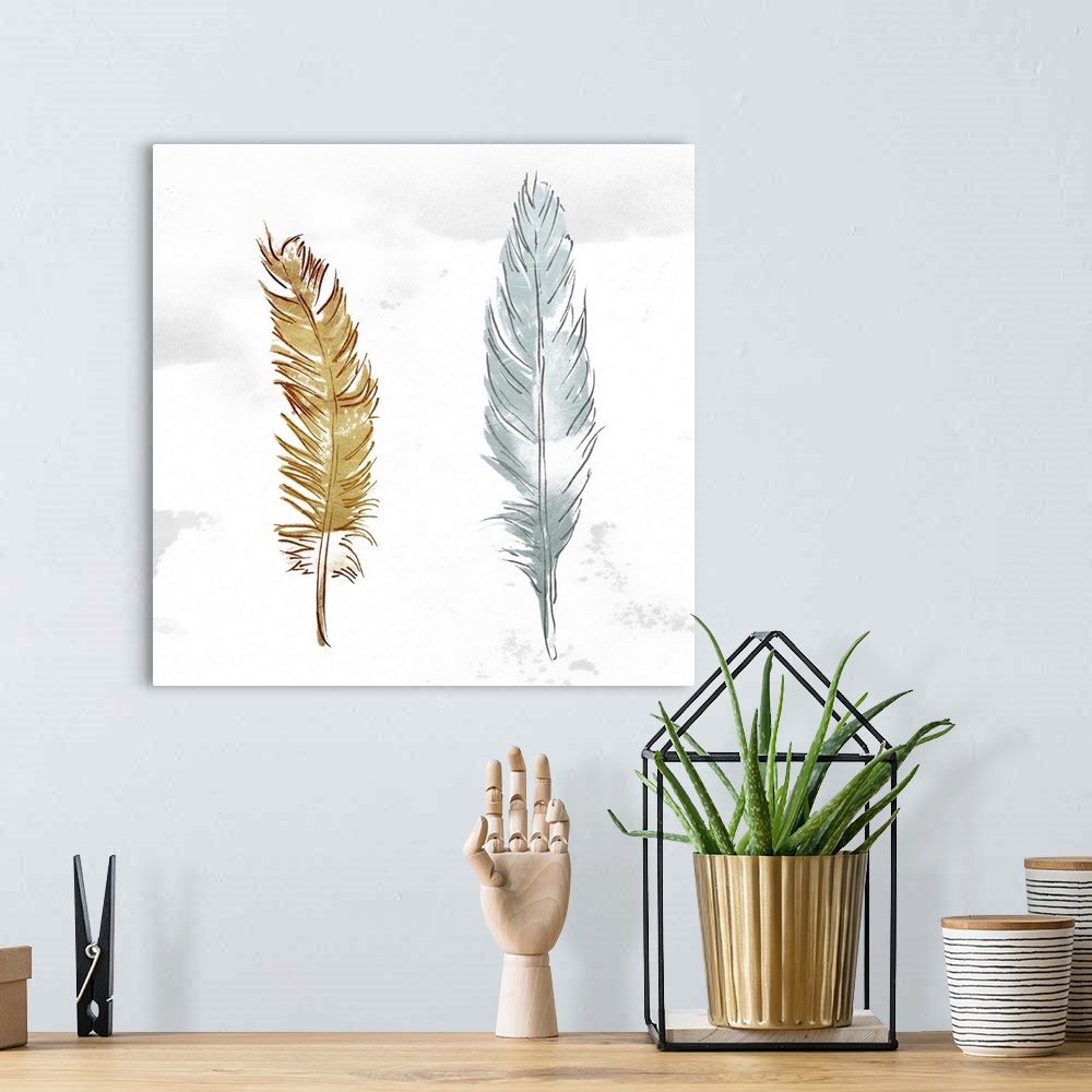 A bohemian room featuring A painting of two feathers side by side on a faded white background.