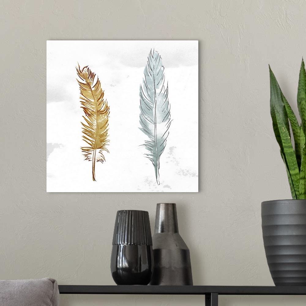 A modern room featuring A painting of two feathers side by side on a faded white background.