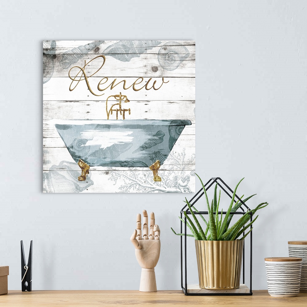 A bohemian room featuring ?Renew? painted in gold with a blue claw foot tub on a white wood panel background with a seashel...