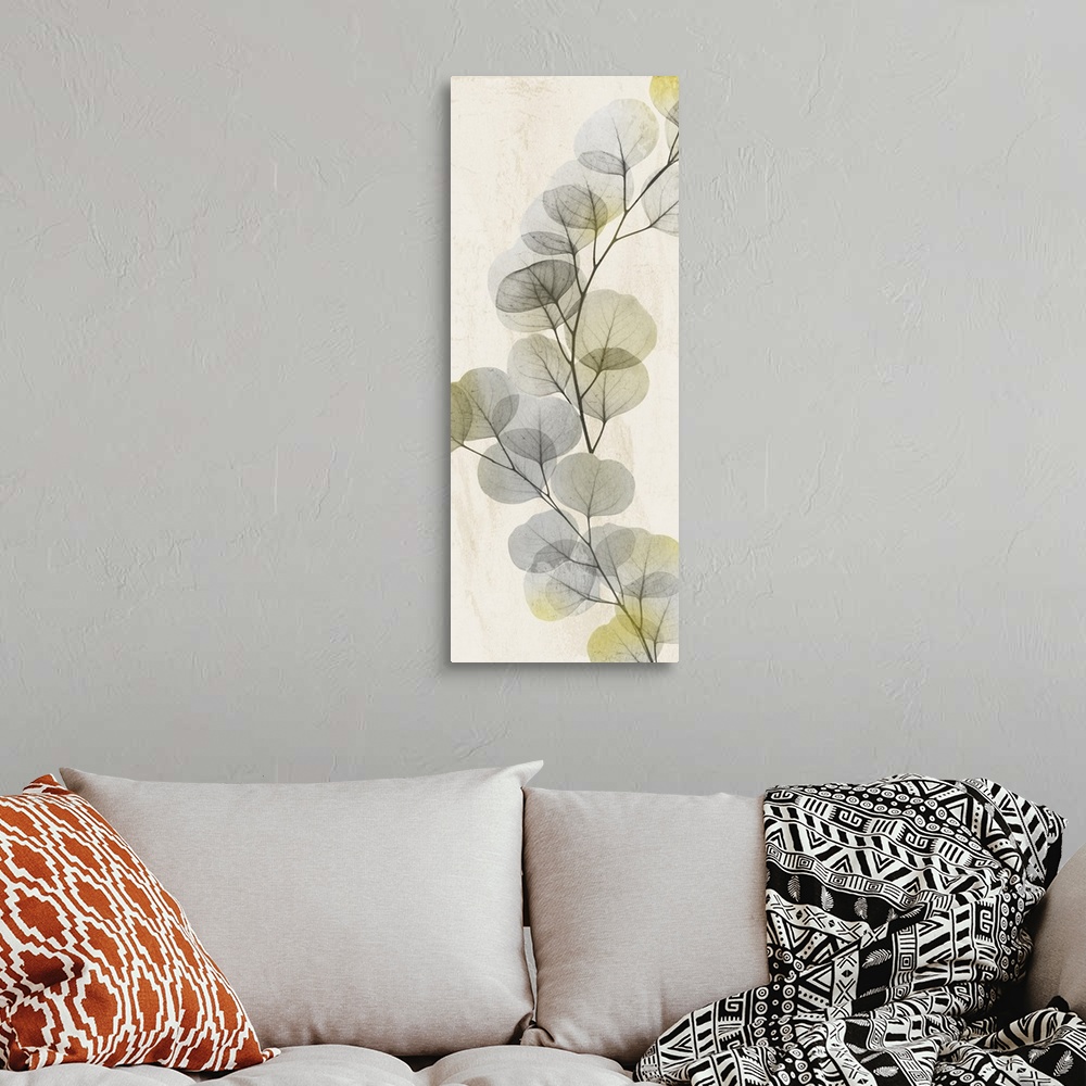 A bohemian room featuring X-ray style photograph of a branch full of rounded leaves.