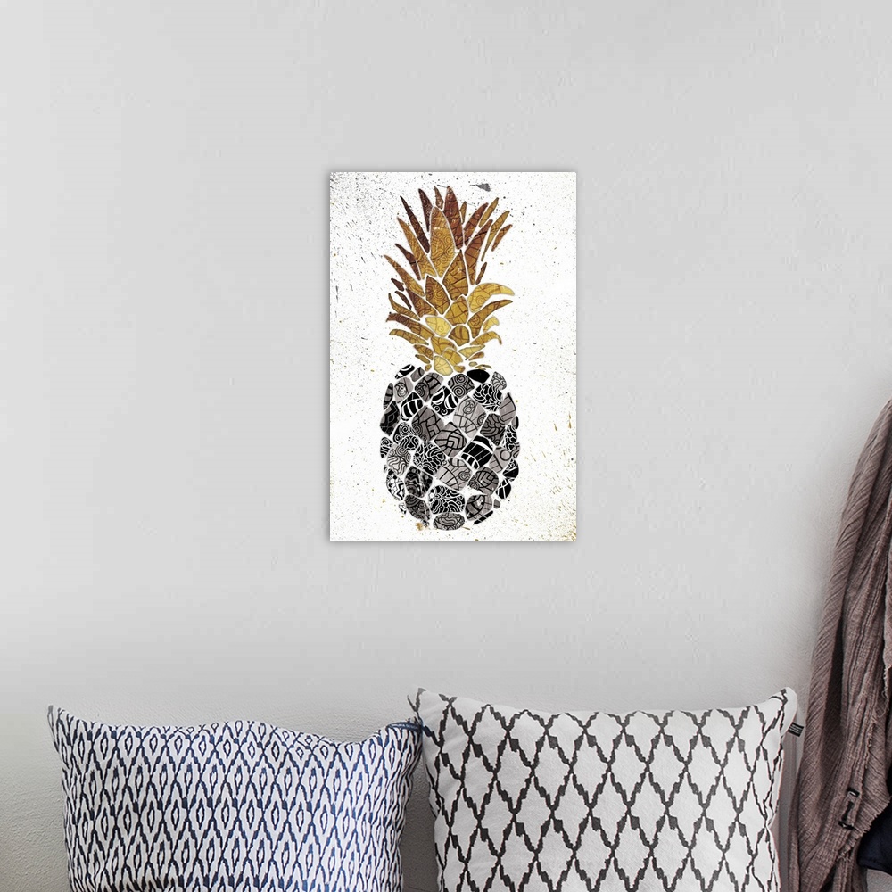 A bohemian room featuring Pineapple with golden leaves an intricately designed patterns on its body.