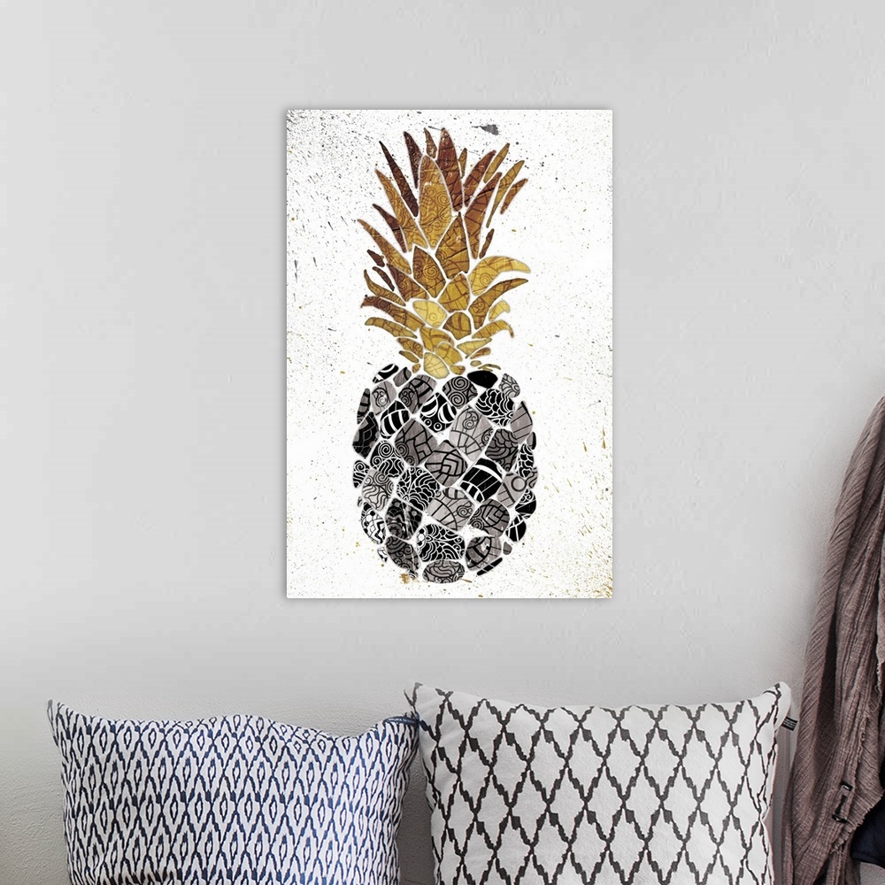 A bohemian room featuring Pineapple with golden leaves an intricately designed patterns on its body.