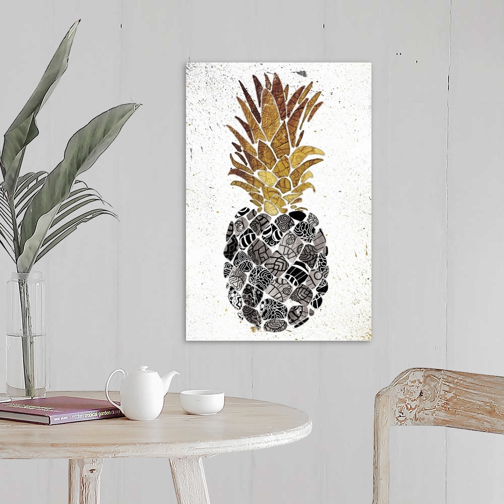 A farmhouse room featuring Pineapple with golden leaves an intricately designed patterns on its body.