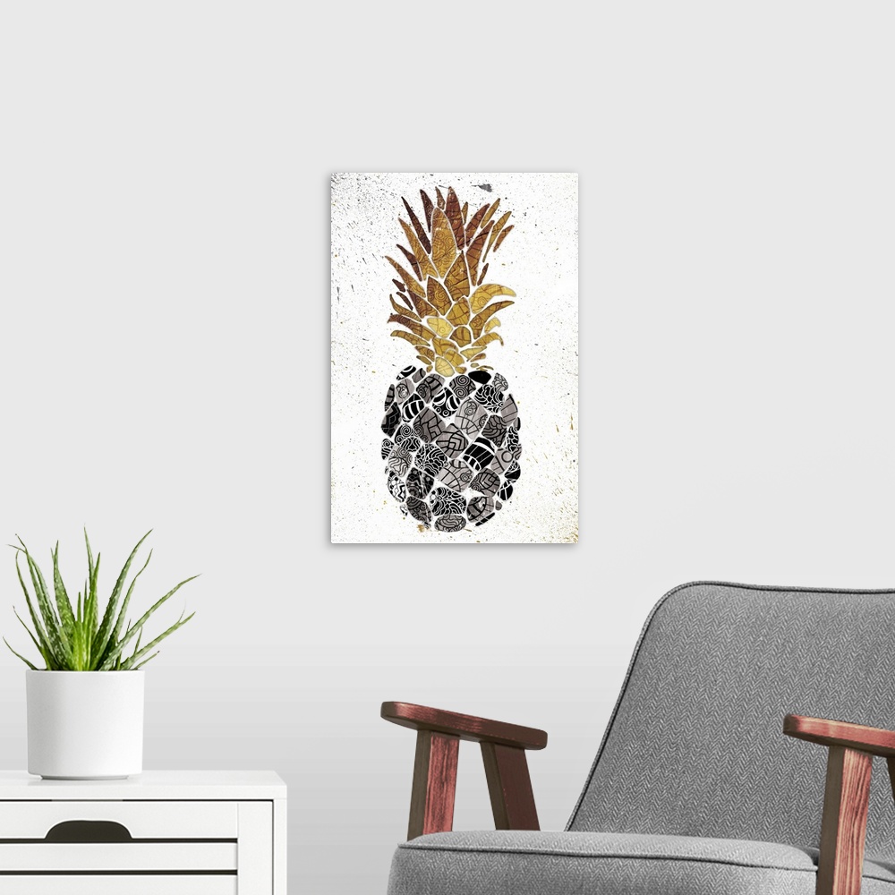 A modern room featuring Pineapple with golden leaves an intricately designed patterns on its body.