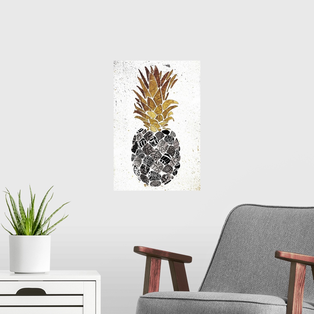 A modern room featuring Pineapple with golden leaves an intricately designed patterns on its body.