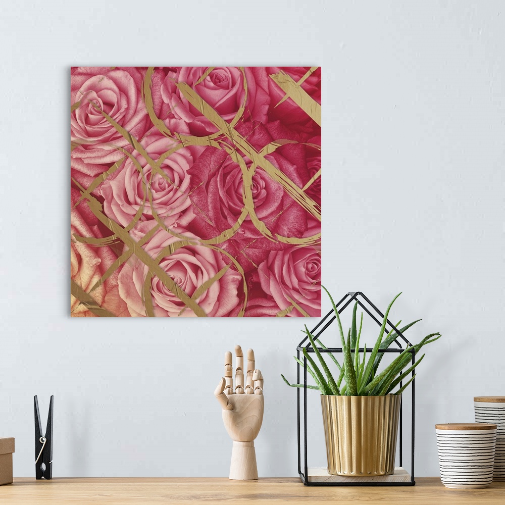 A bohemian room featuring A photograph of pink roses with a gold design overlay.