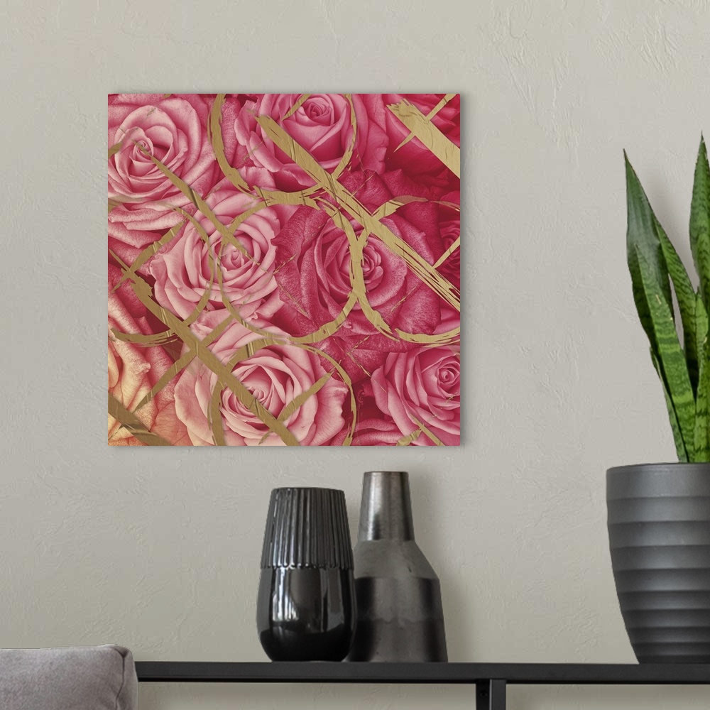 A modern room featuring A photograph of pink roses with a gold design overlay.