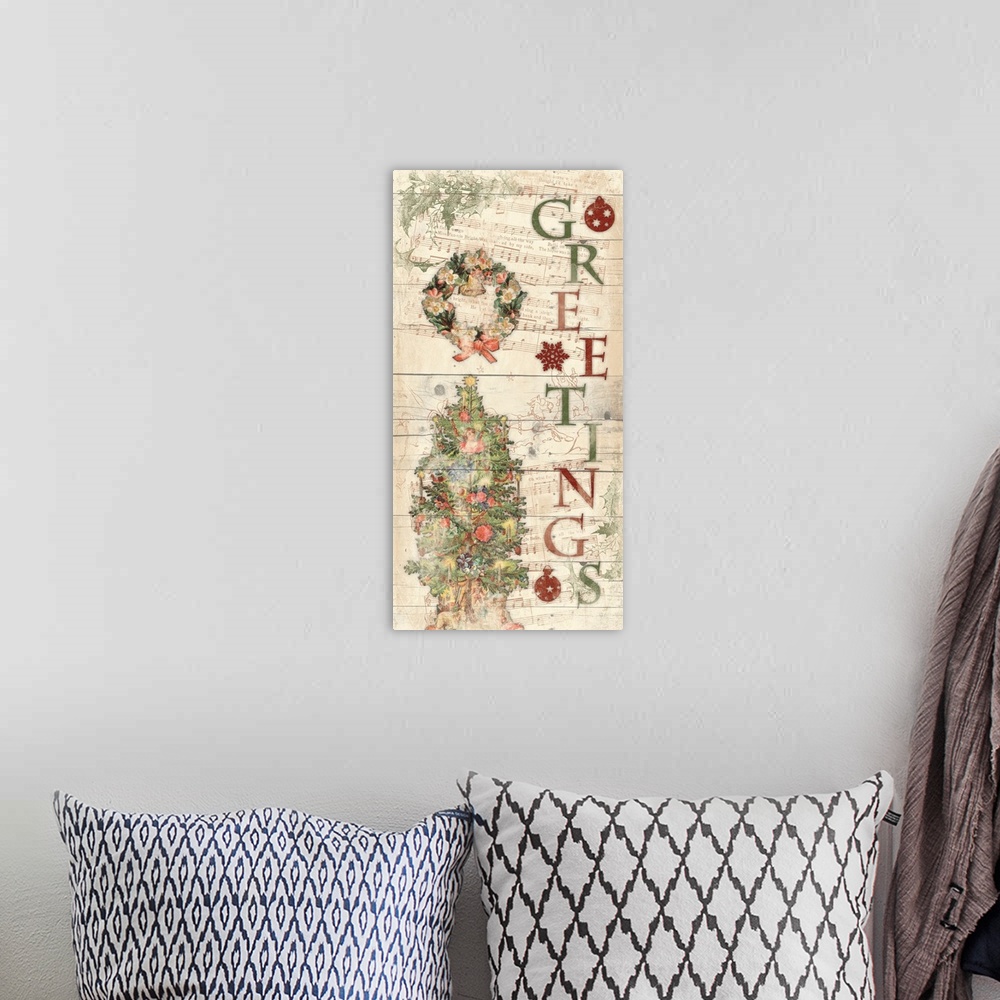 A bohemian room featuring Vertical artwork of the word "Greetings" spelled vertically with a wreath and Christmas tree to t...
