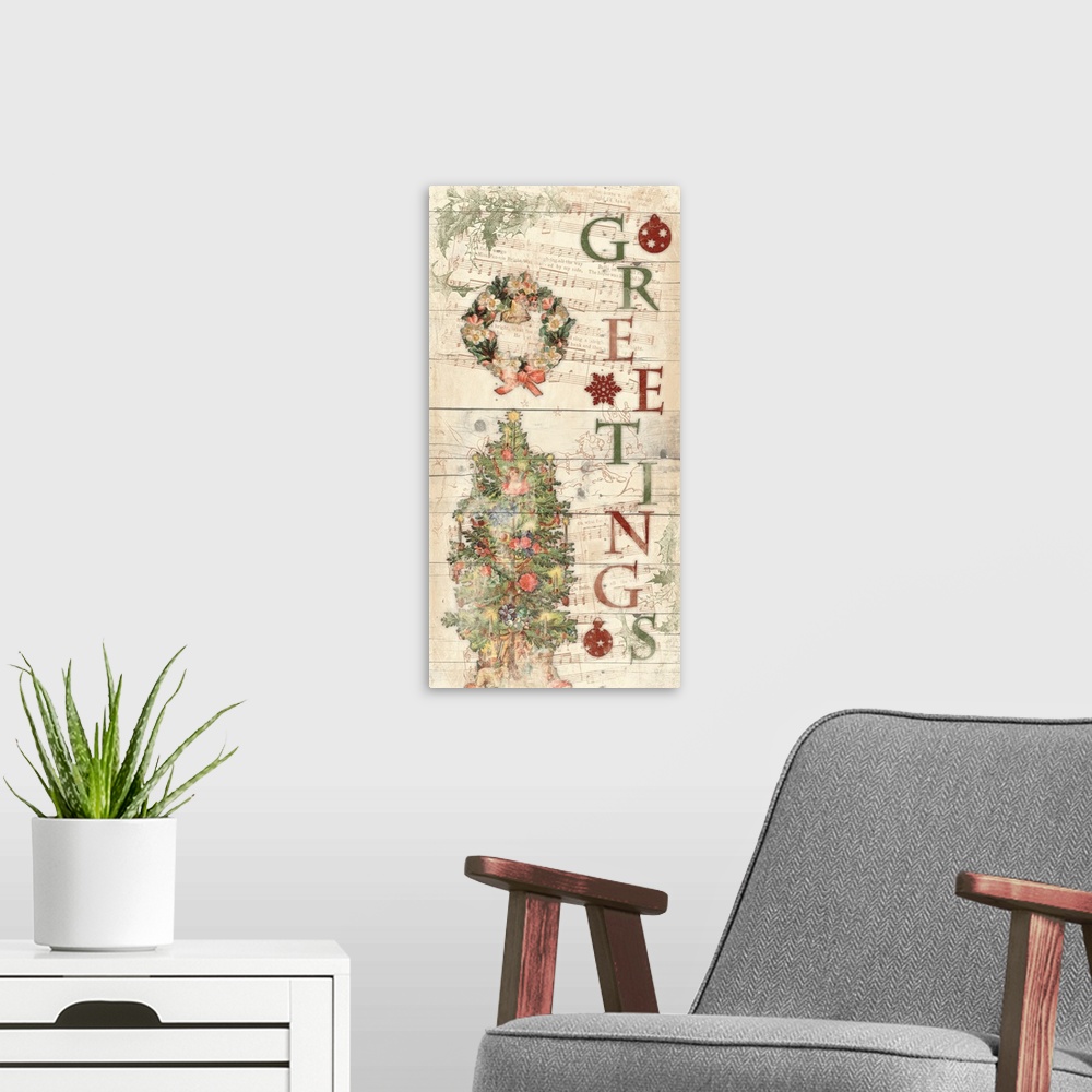 A modern room featuring Vertical artwork of the word "Greetings" spelled vertically with a wreath and Christmas tree to t...