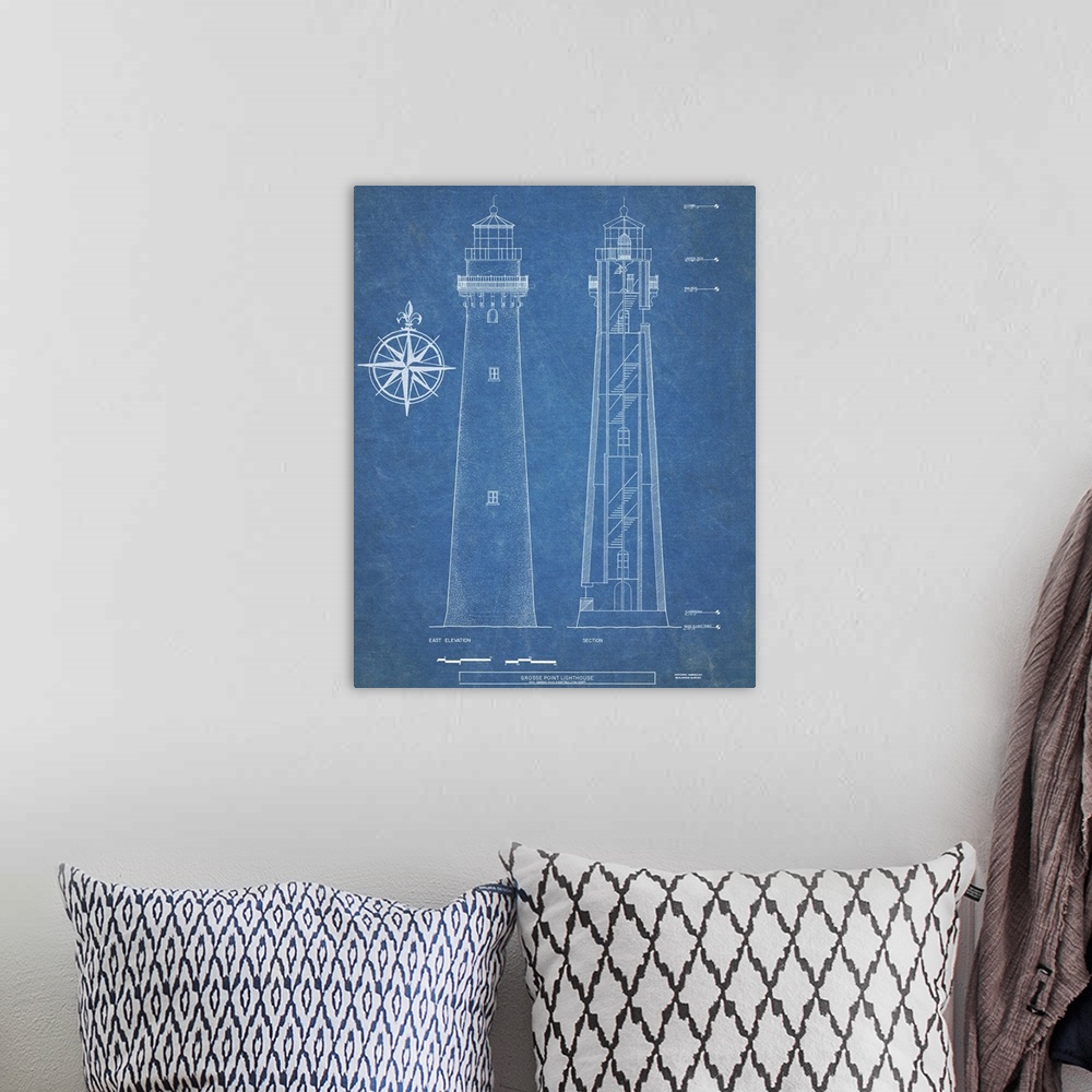 A bohemian room featuring Contemporary artwork in technical blueprint style of Gross Point lighthouse.