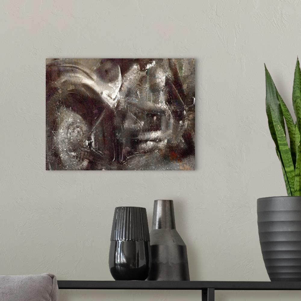 A modern room featuring Abstract painting of a motorcycle in dark grey shades.