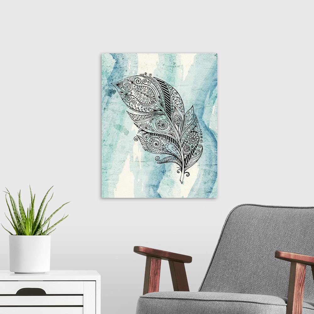A modern room featuring A henna style feather placed on a blue scale watercolor background.