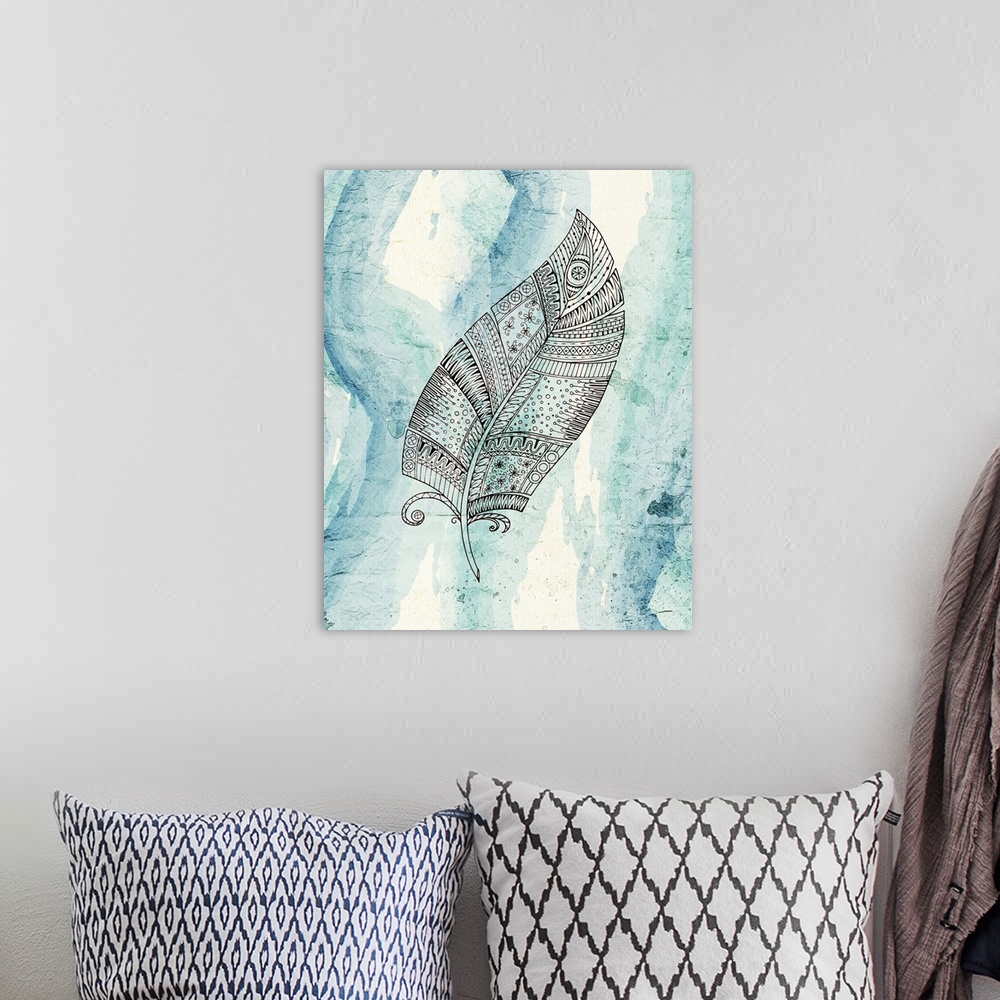 A bohemian room featuring A henna style feather placed on a blue scale watercolor background.