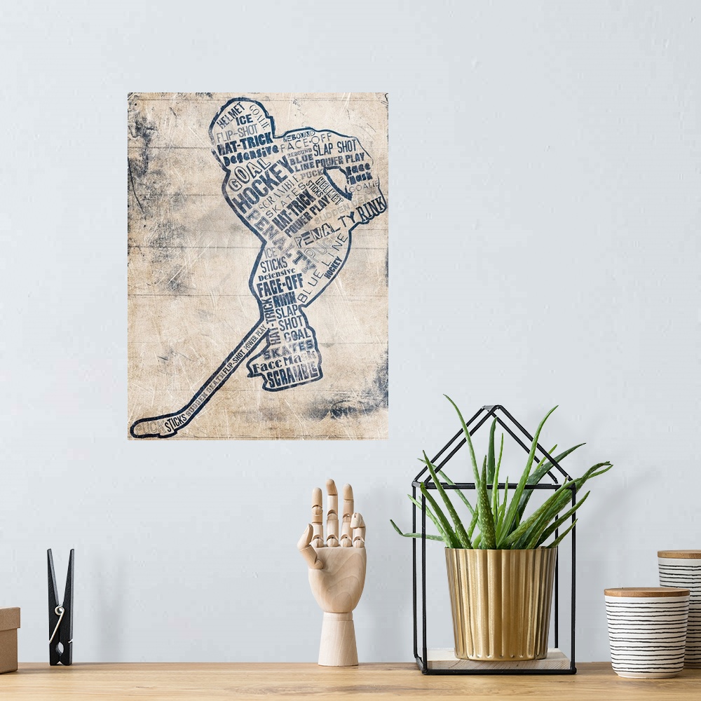 A bohemian room featuring Hockey player composed of different styles of text against a weathered neutral background.