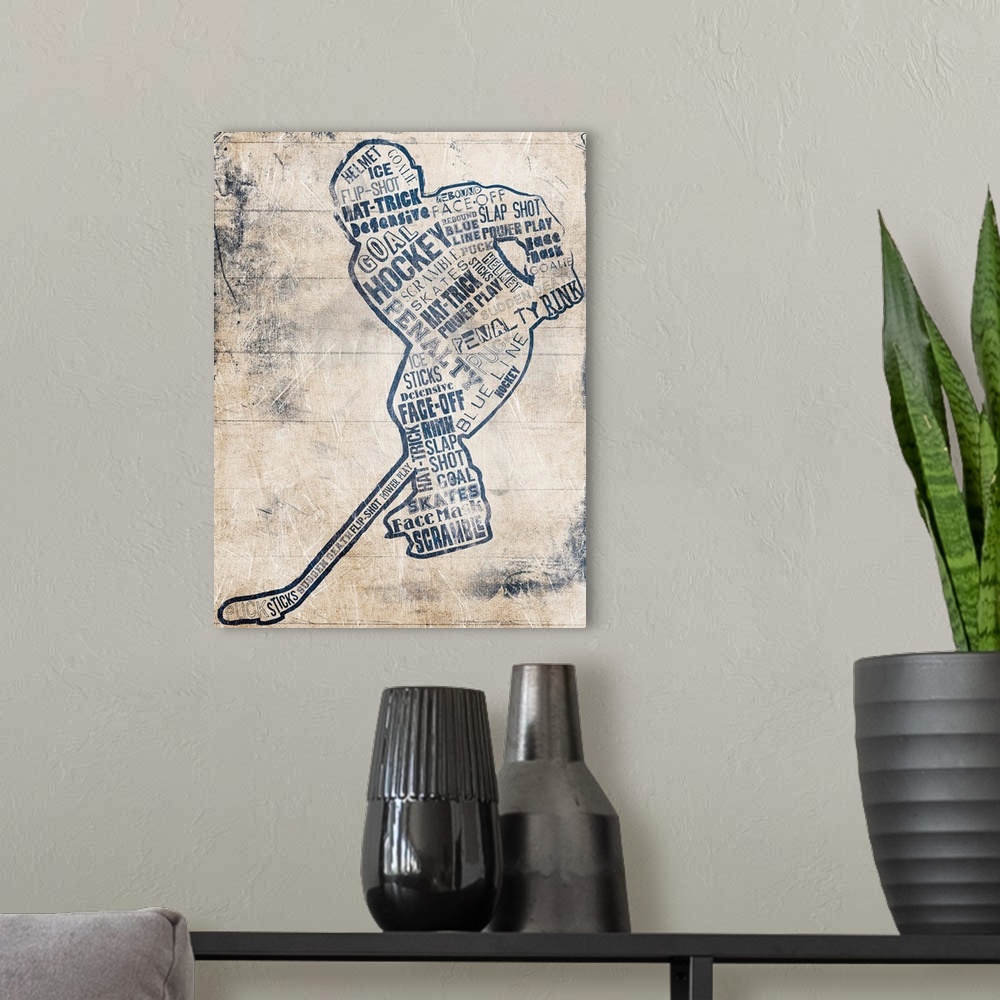A modern room featuring Hockey player composed of different styles of text against a weathered neutral background.