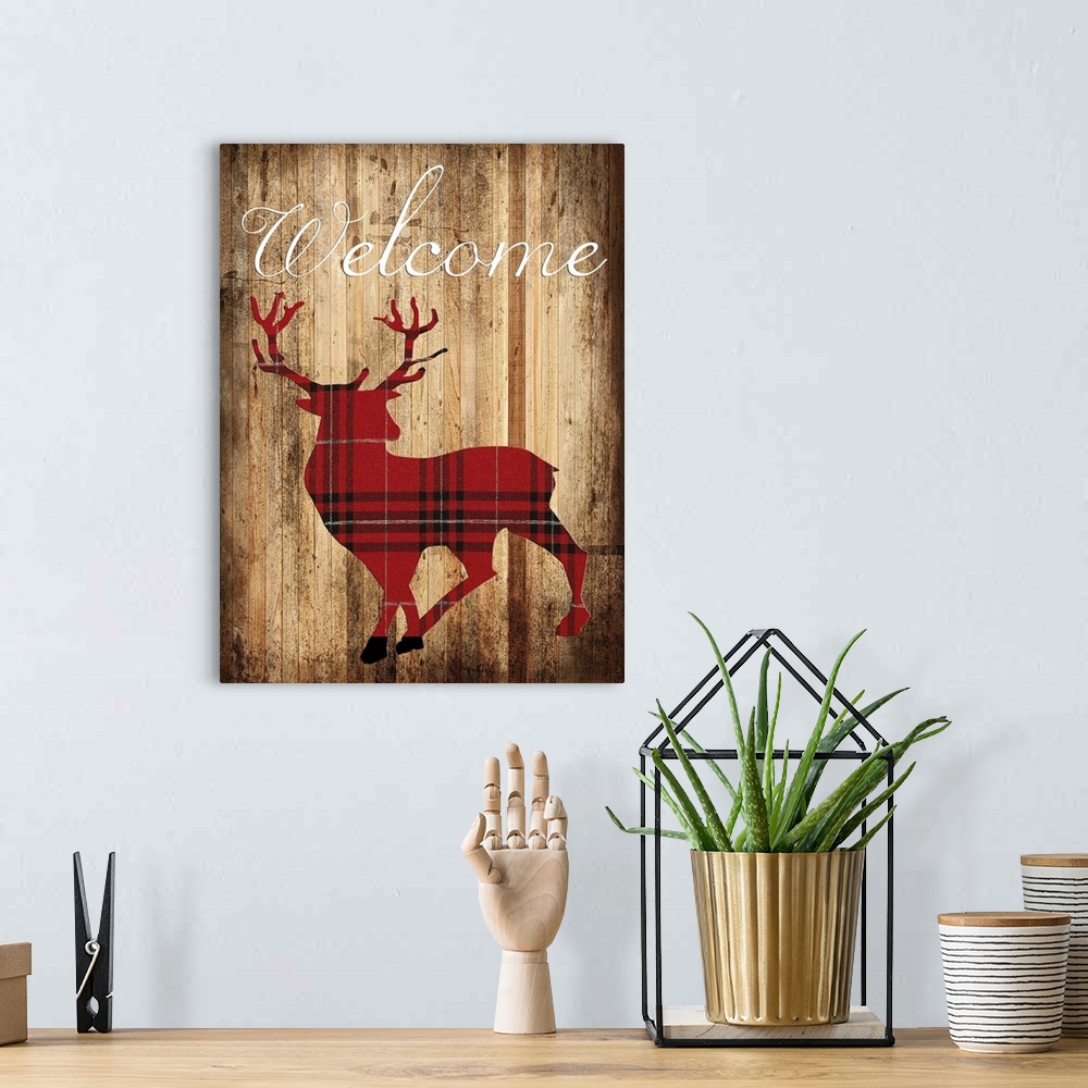 A bohemian room featuring Silhouette of a deer in red plaid on a wooden board background.
