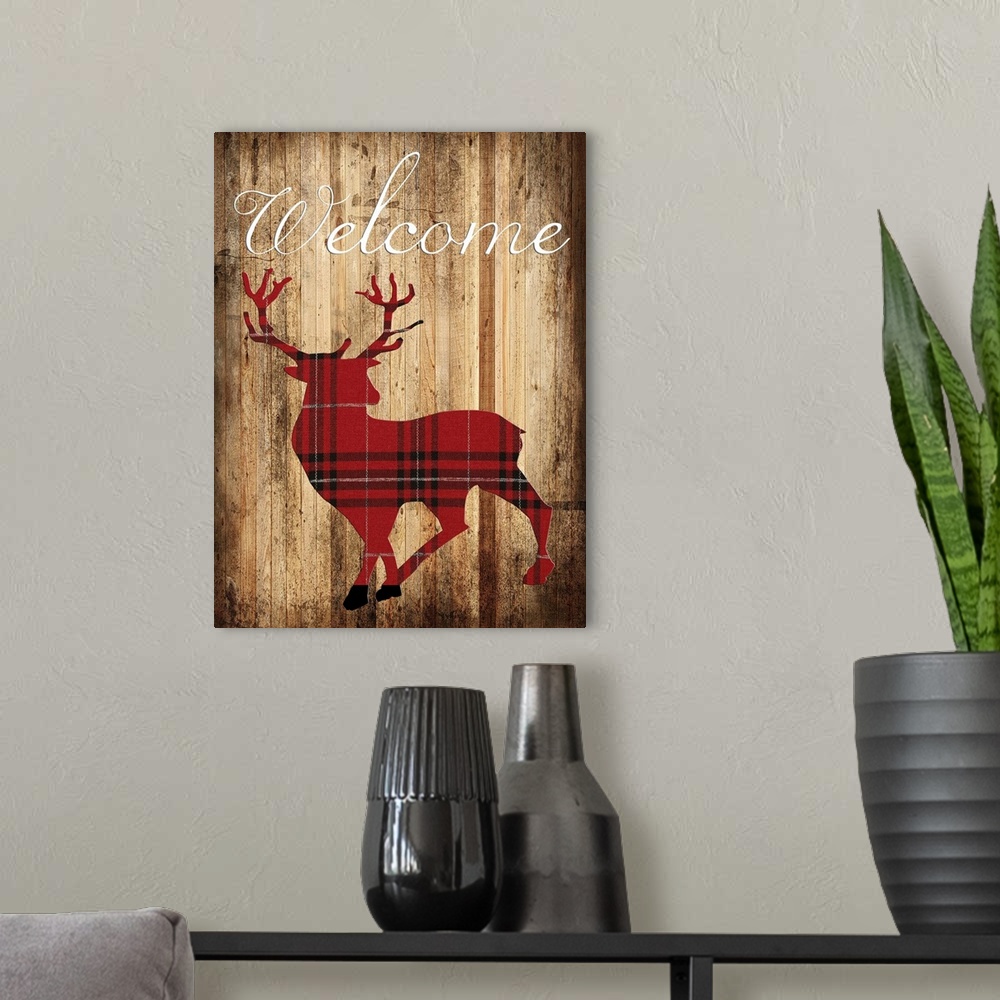 A modern room featuring Silhouette of a deer in red plaid on a wooden board background.