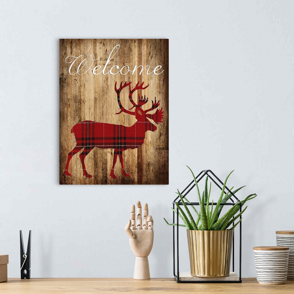 A bohemian room featuring Silhouette of a deer in red plaid on a wooden board background.