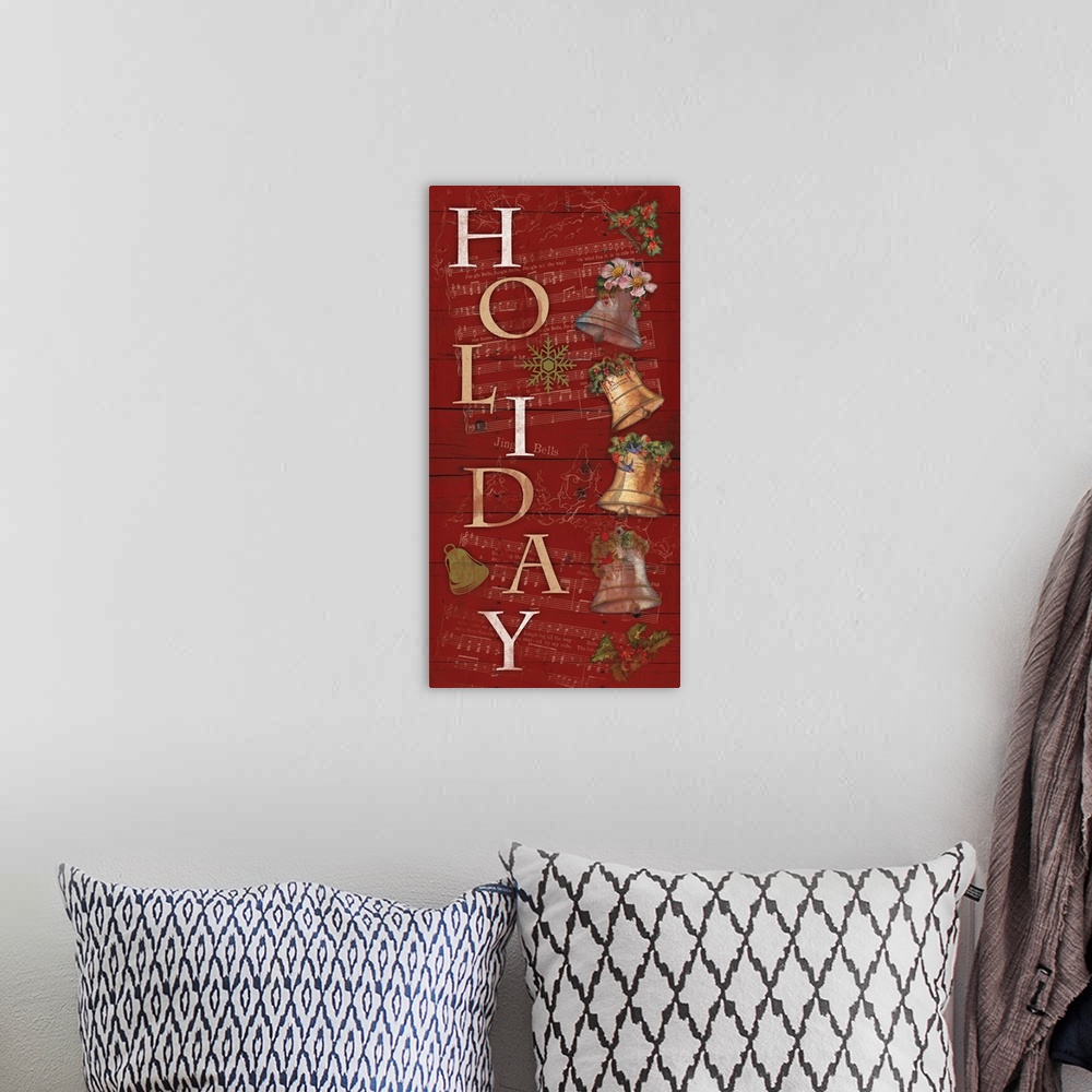 A bohemian room featuring Vertically oriented artwork of the word "Holiday" spelled vertically with Christmas bells the right.