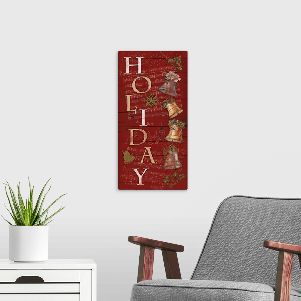 A modern room featuring Vertically oriented artwork of the word "Holiday" spelled vertically with Christmas bells the right.