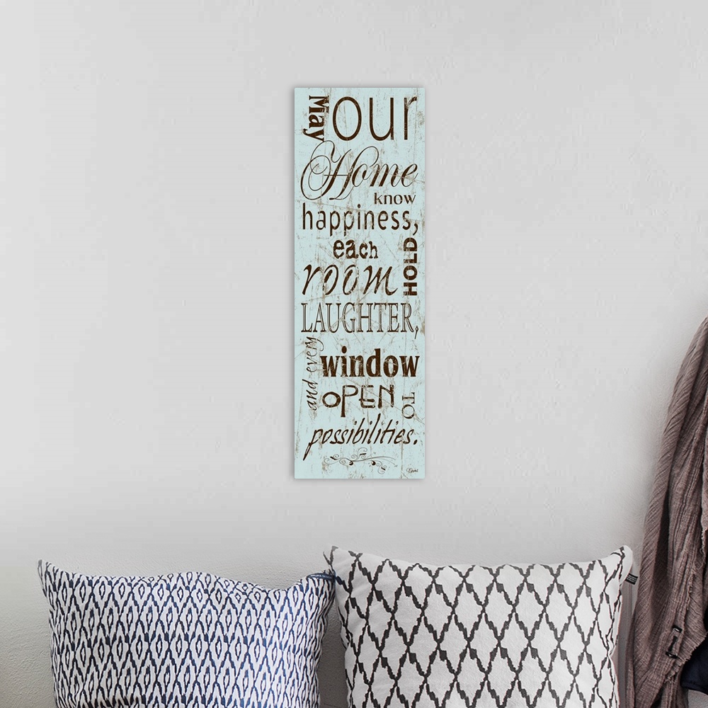 A bohemian room featuring Vertical typography art in a weathered, grungy style.