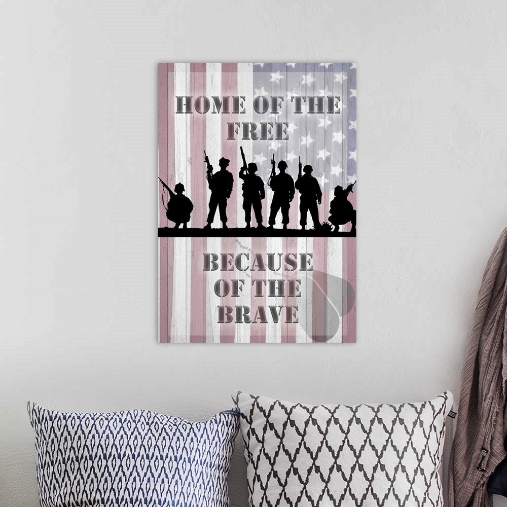 A bohemian room featuring A silhouetted row of soldiers over an image of the American Flag.