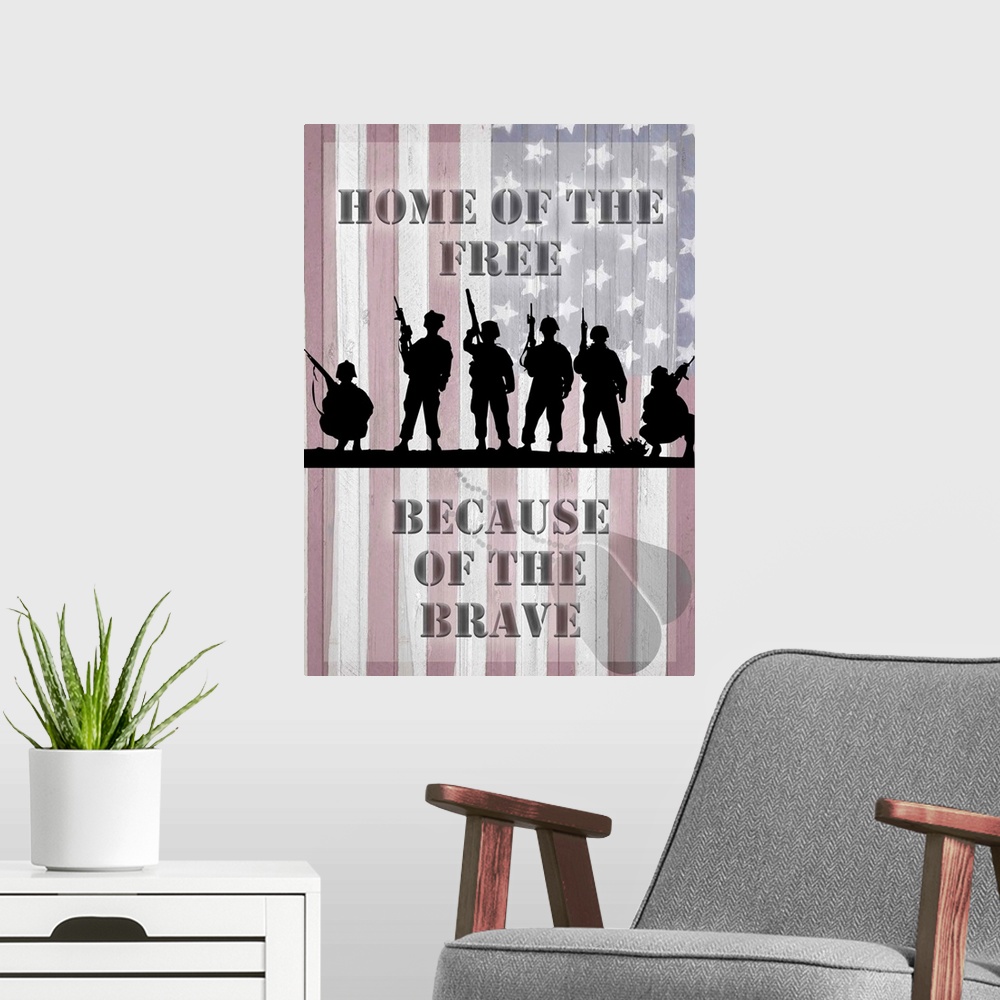 A modern room featuring A silhouetted row of soldiers over an image of the American Flag.