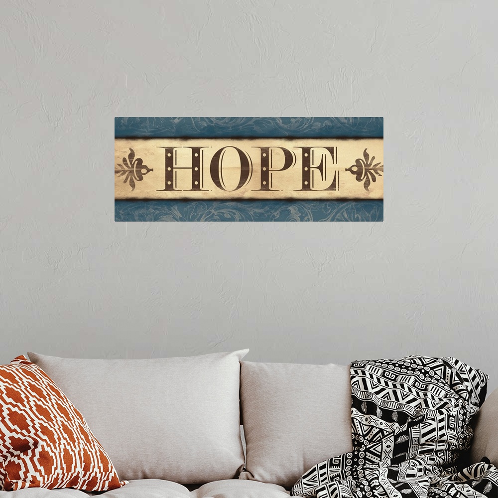 A bohemian room featuring Landscape oriented inspirational artwork with the word "Hope" in the center of the image. With a ...