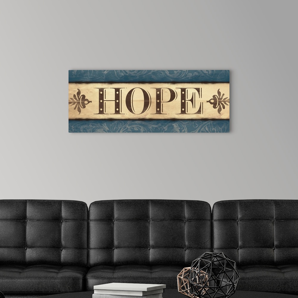 A modern room featuring Landscape oriented inspirational artwork with the word "Hope" in the center of the image. With a ...