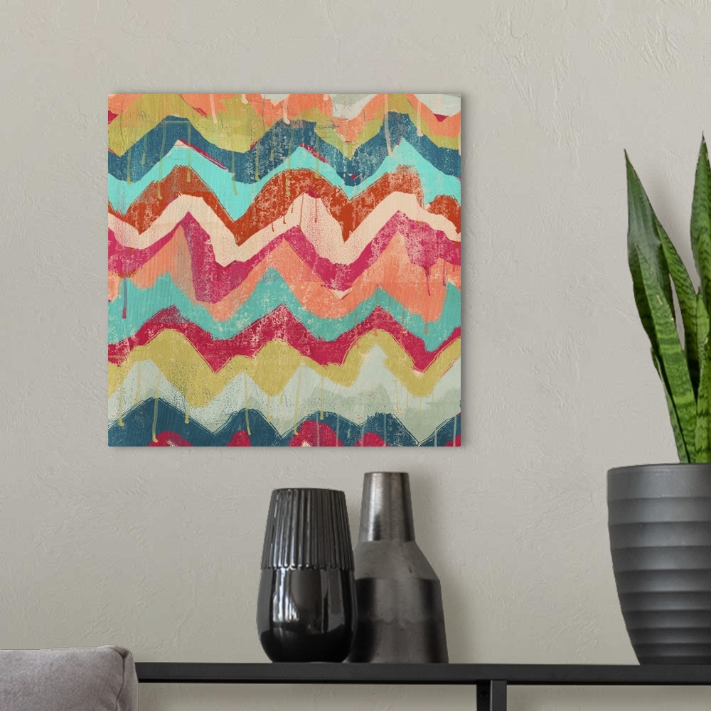 A modern room featuring Contemporary multi-colored chevron pattern. In a faded, weathered style.