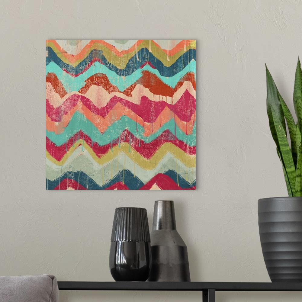 A modern room featuring Contemporary multi-colored chevron pattern. In a faded, weathered style.