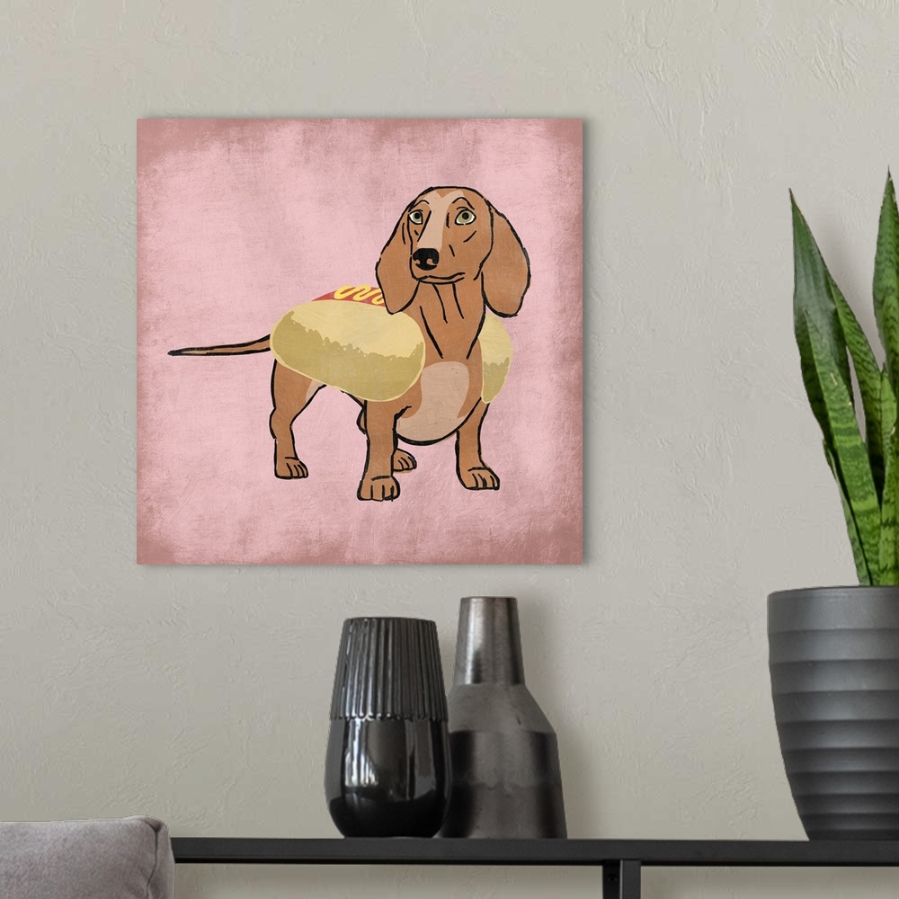 A modern room featuring A painting of a doxen wearing a hot dog costume.