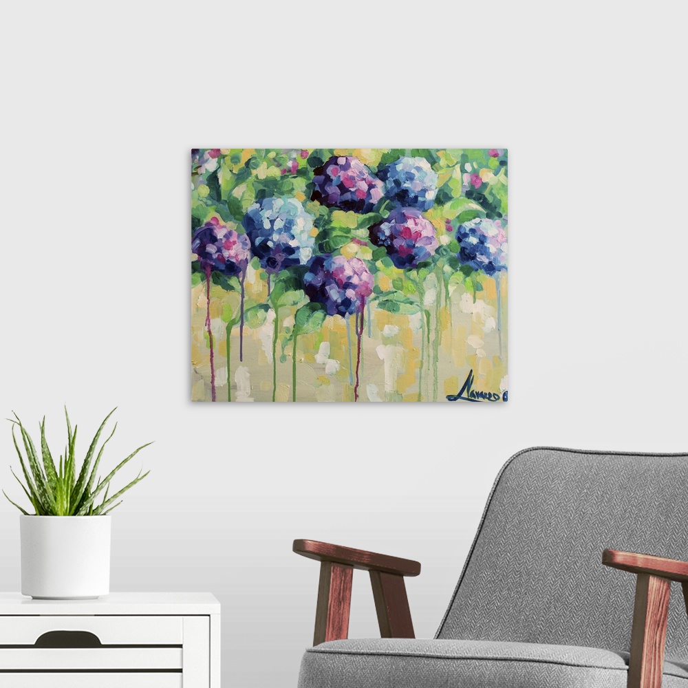A modern room featuring Contemporary paining of colorful hydrangea flowers against a pale yellow background.