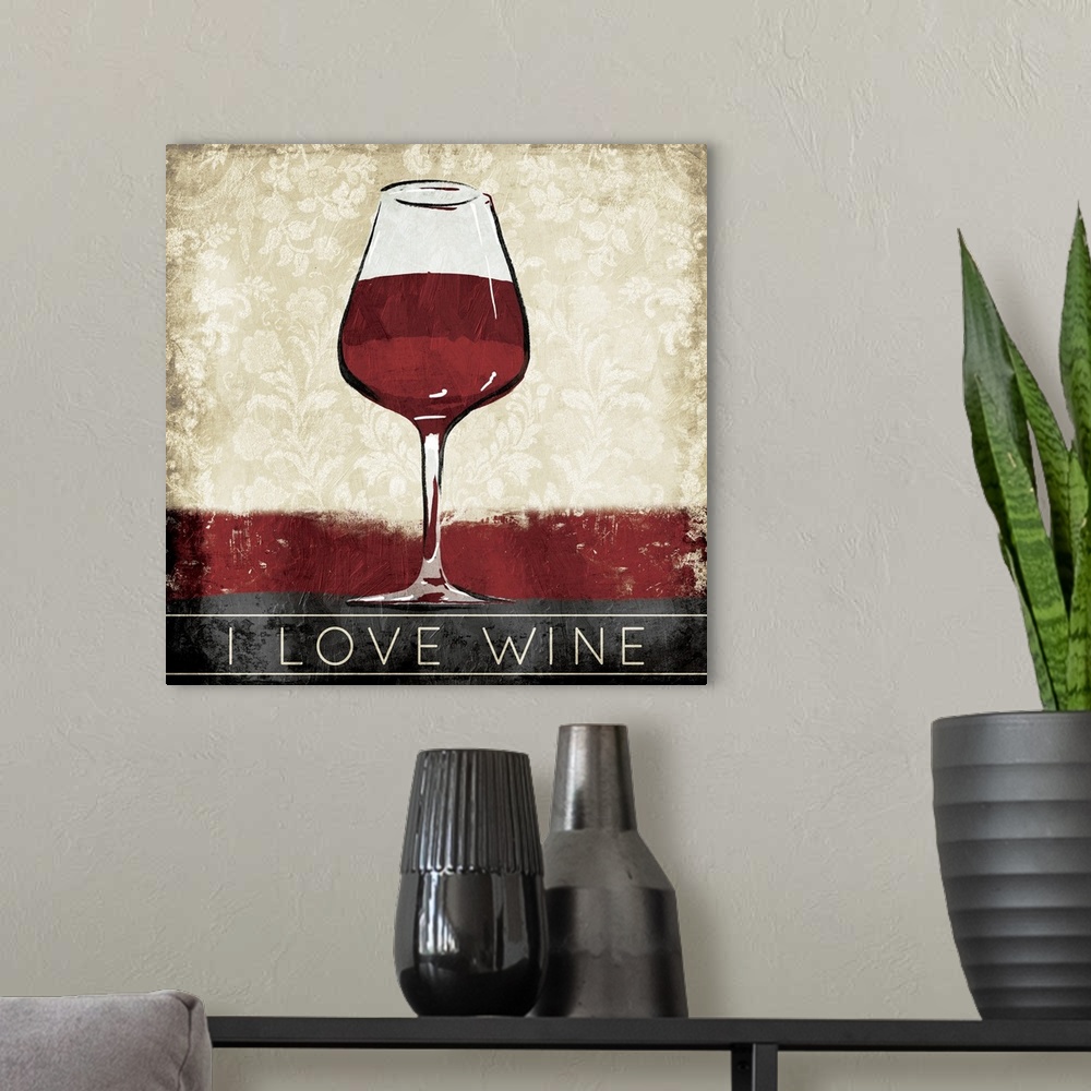 A modern room featuring A painting of a red wine glass with a decorative background and the phrase "I Love Wine" at the b...