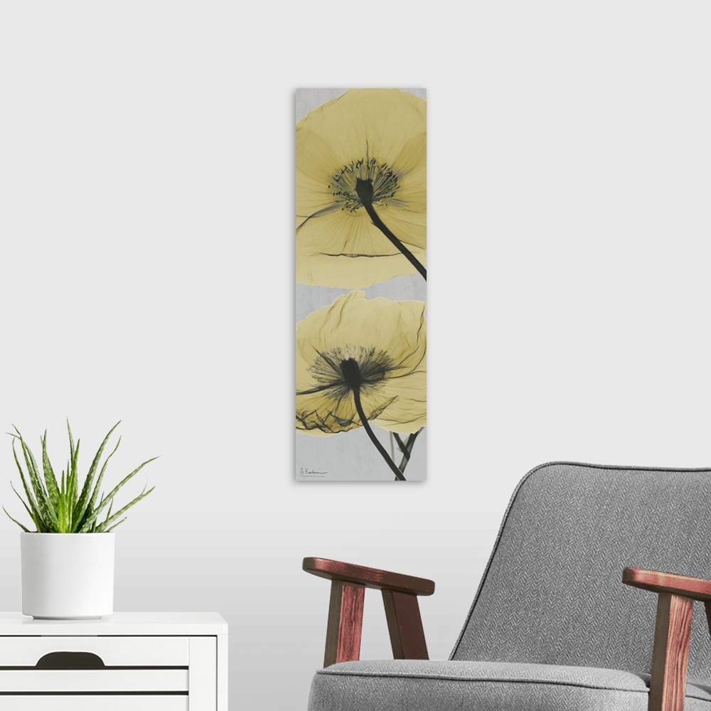 A modern room featuring Vertical x-ray photograph of two Icelandic poppies on a cool toned background.