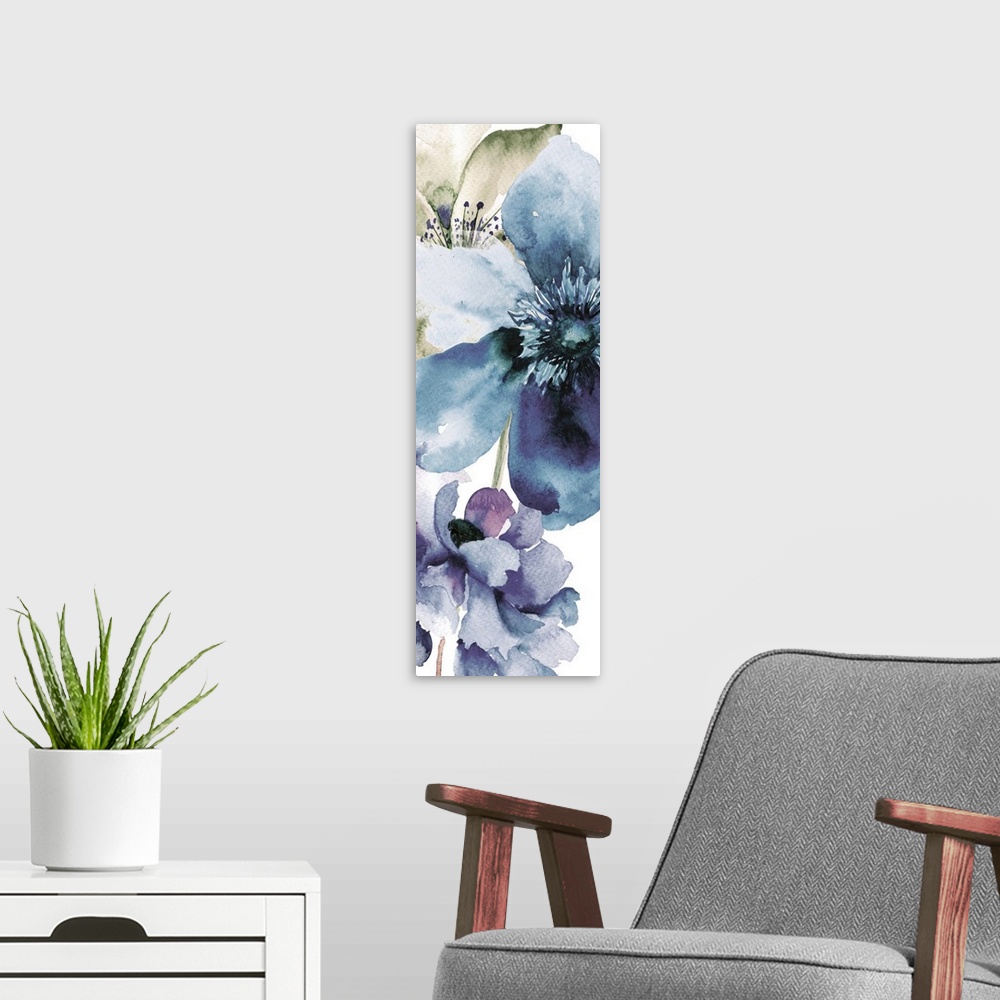 A modern room featuring Contemporary watercolor painting of a flower with broad petals.