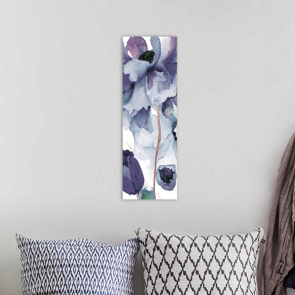 A bohemian room featuring Contemporary watercolor painting of a flower with broad petals.