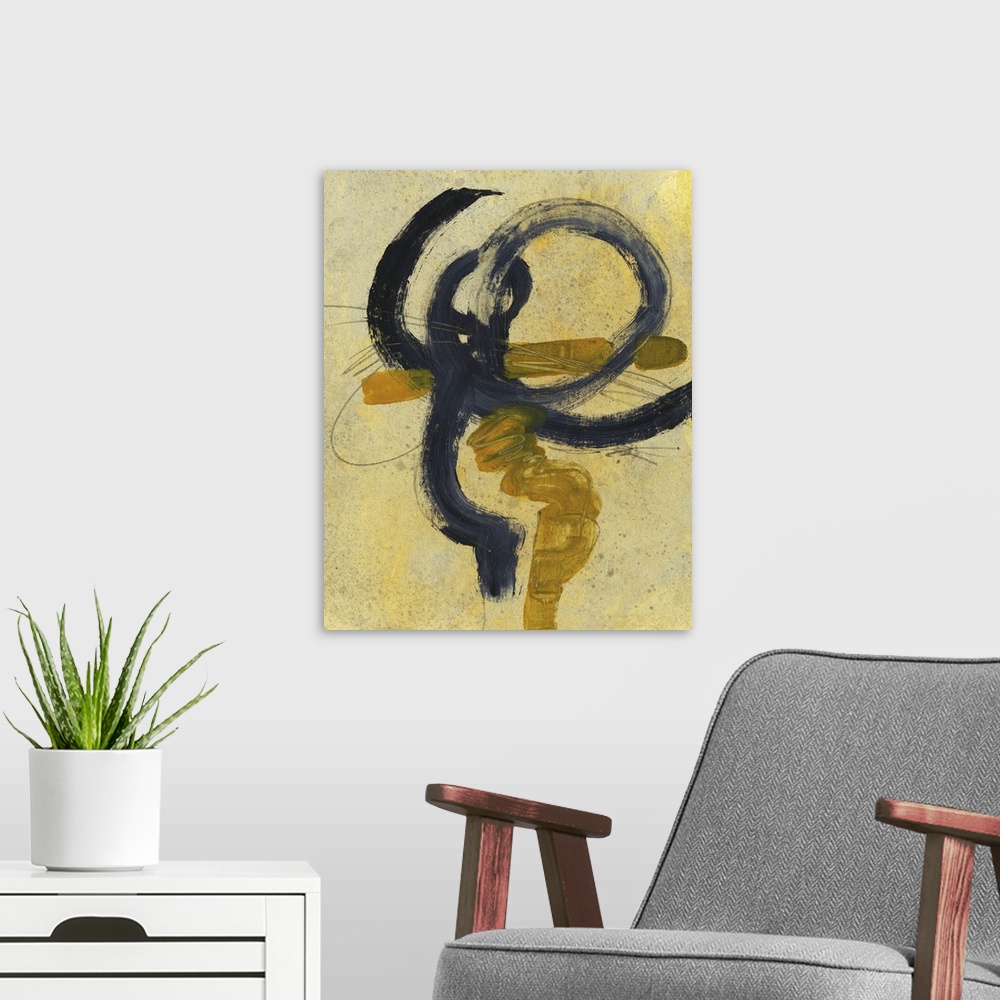 A modern room featuring Abstract painting using golden tones with an overlay of bold black lines in circular motions.