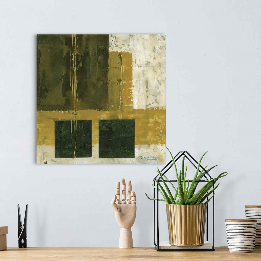 A bohemian room featuring Contemporary abstract painting using earth tones and textured strokes.