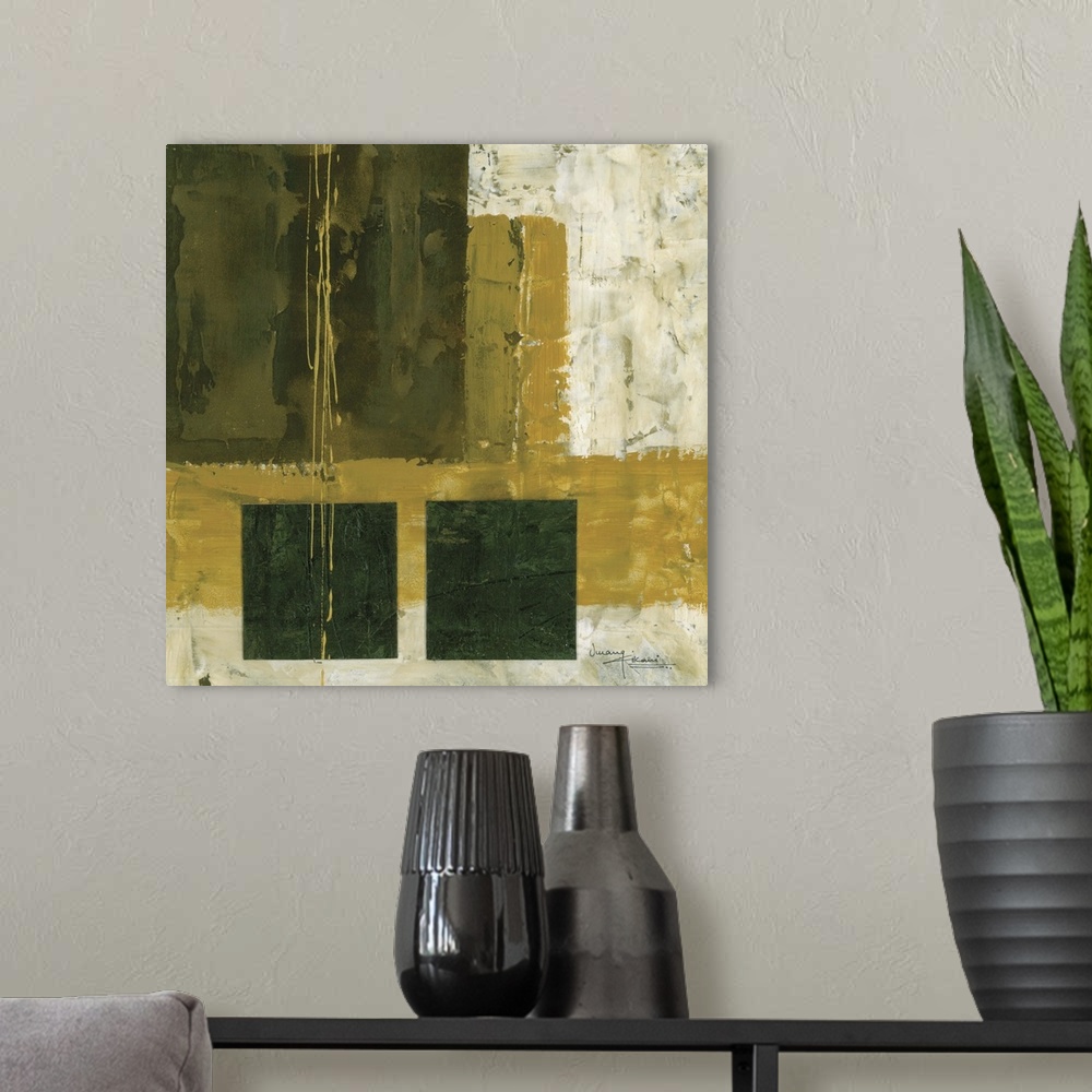 A modern room featuring Contemporary abstract painting using earth tones and textured strokes.