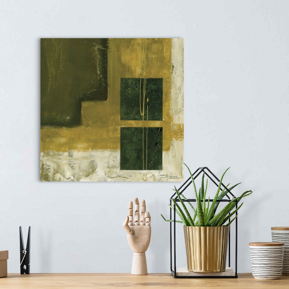 A bohemian room featuring Contemporary abstract painting using earth tones and textured strokes.
