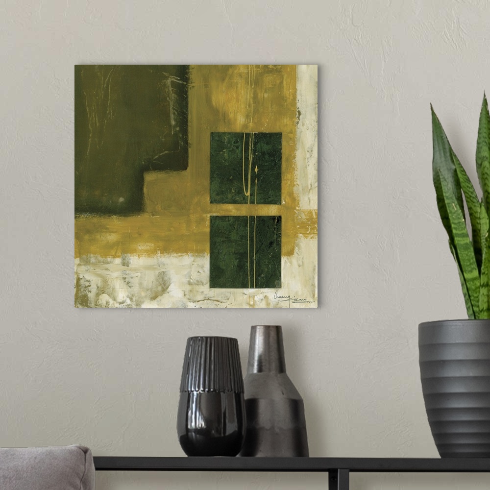 A modern room featuring Contemporary abstract painting using earth tones and textured strokes.