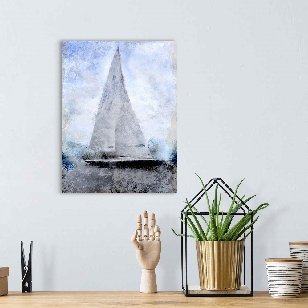 A bohemian room featuring Contemporary artwork of a sailboat with a tall sharp sail sitting in a harbor with an overall smo...