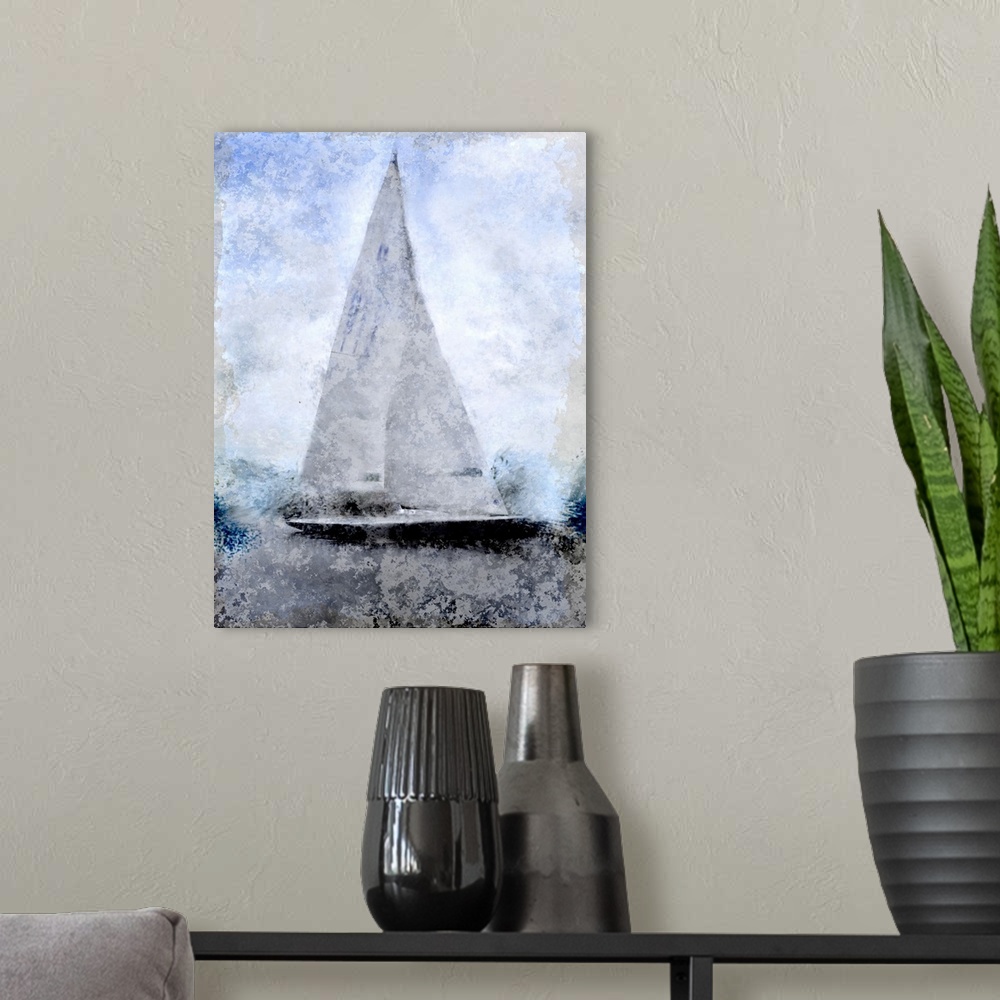 A modern room featuring Contemporary artwork of a sailboat with a tall sharp sail sitting in a harbor with an overall smo...