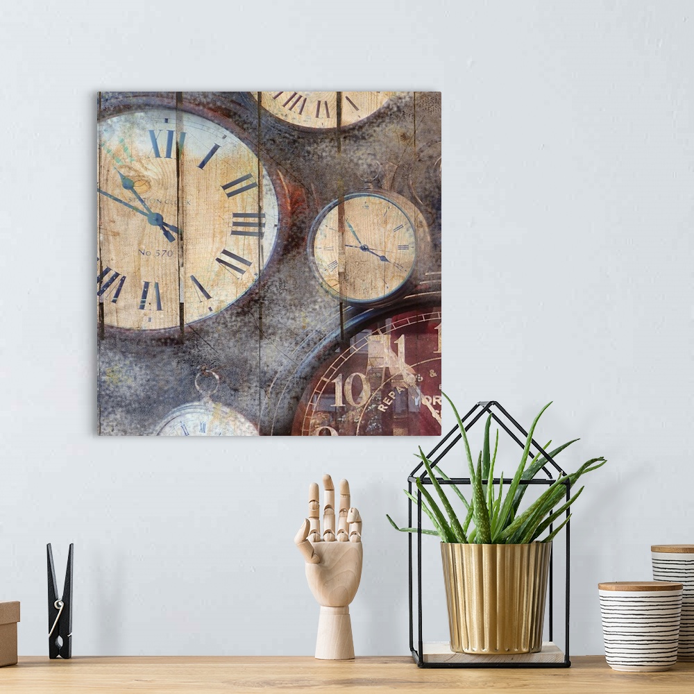 A bohemian room featuring An assortment of watch faces on a textured background.