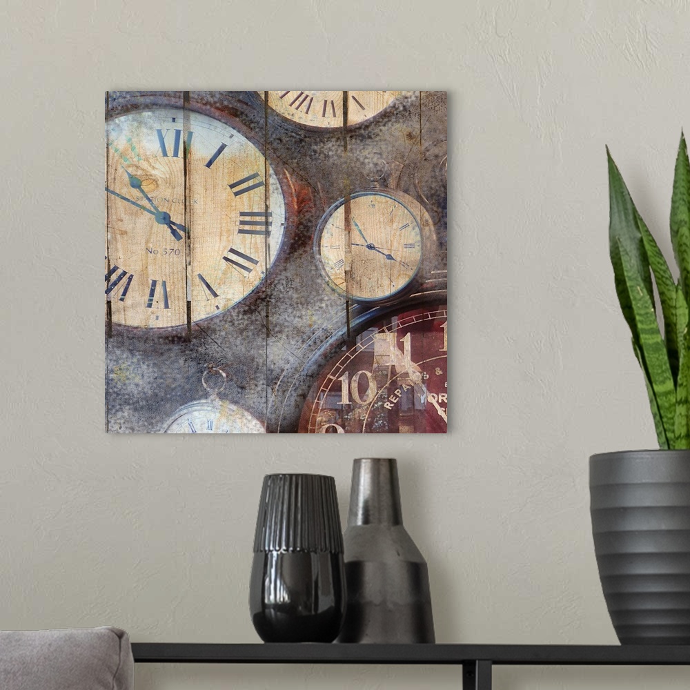 A modern room featuring An assortment of watch faces on a textured background.