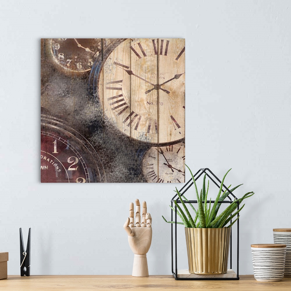 A bohemian room featuring An assortment of watch faces on a textured background.