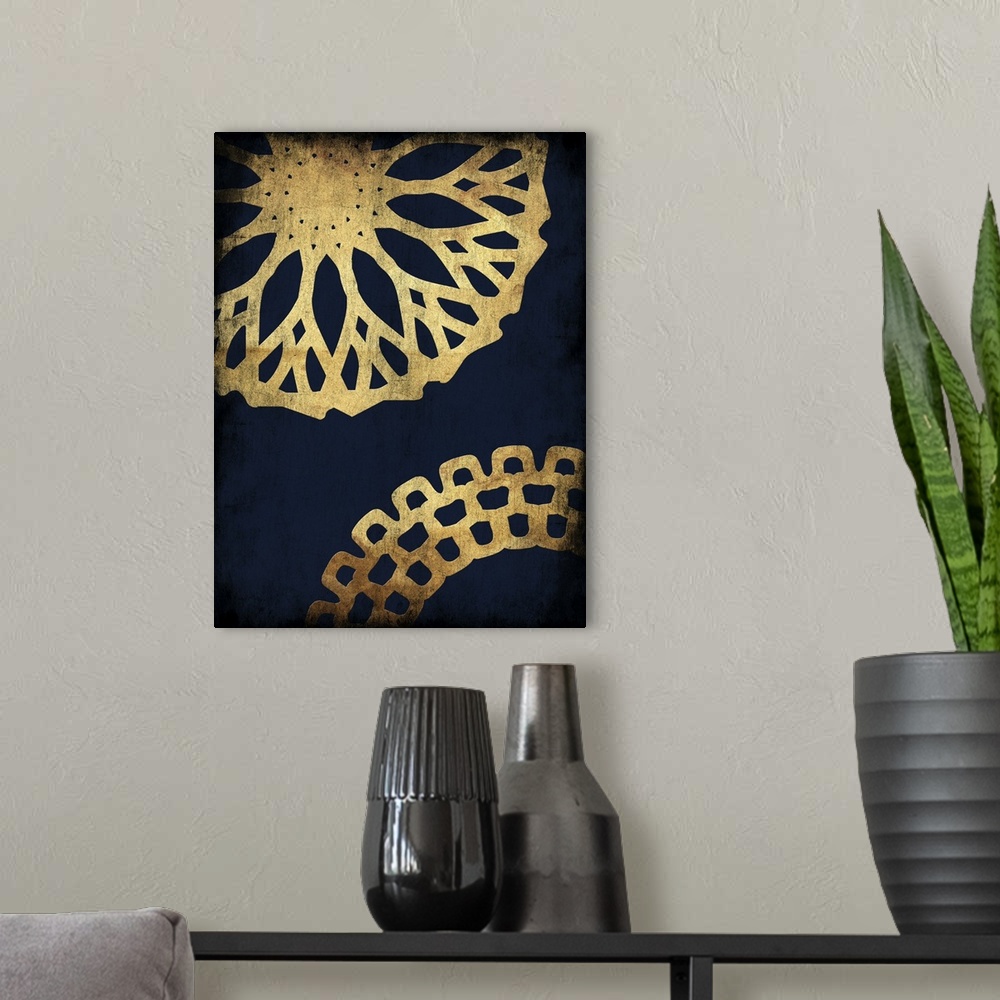 A modern room featuring Gold mandala patterns on navy blue.